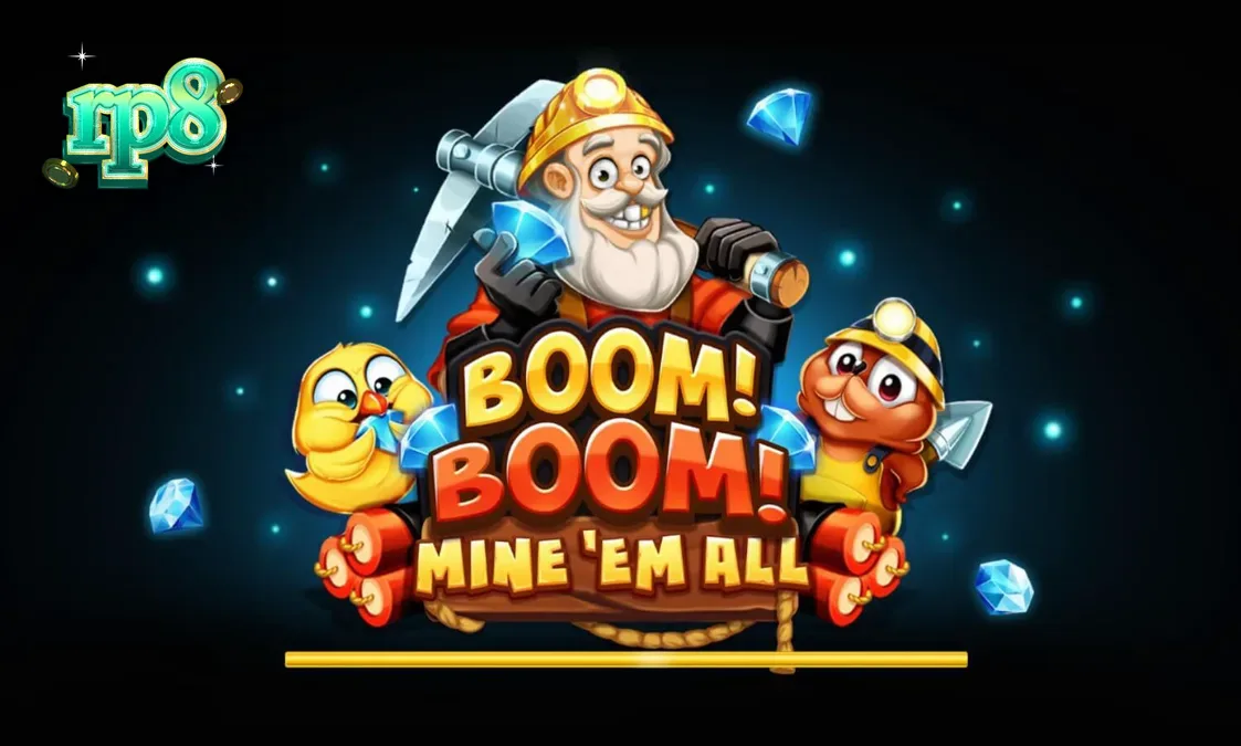 Tampilan visual slot Boom! Boom! Mine ‘Em All dengan tema tambang yang eksplosif